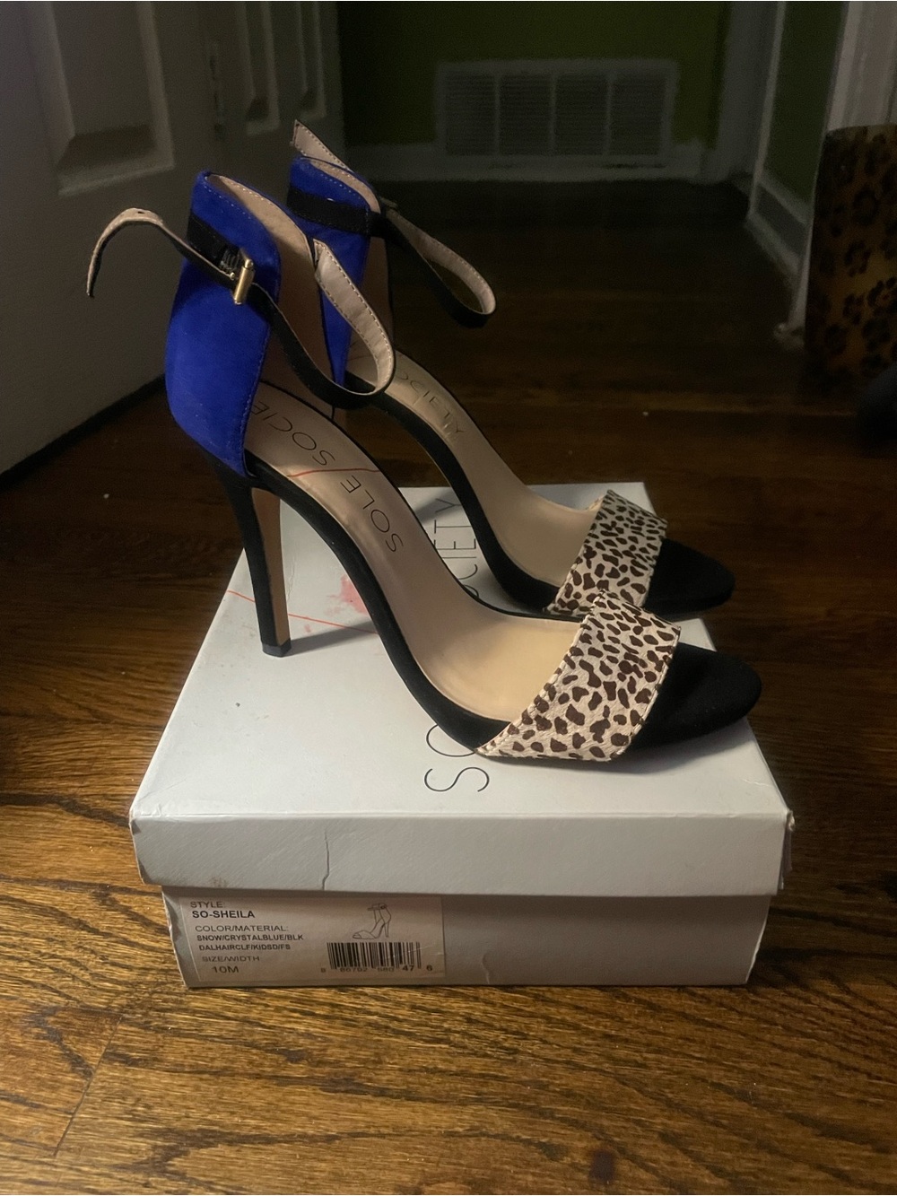 Sole Society Royal Blue Suede & Leopard-Print Ankle-Strap Heels.